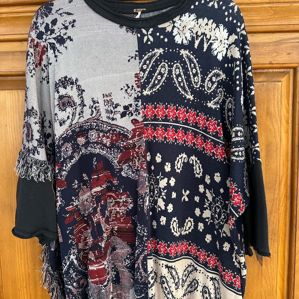 Free People Blue and White Boxy Graphic Blouse